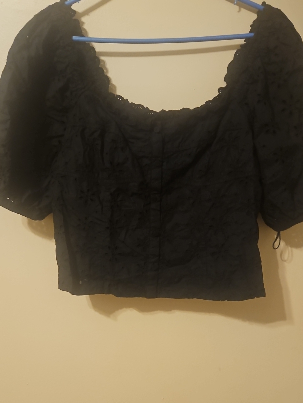 GAP Black Eyelet Puff Sleeve Square Neck Top